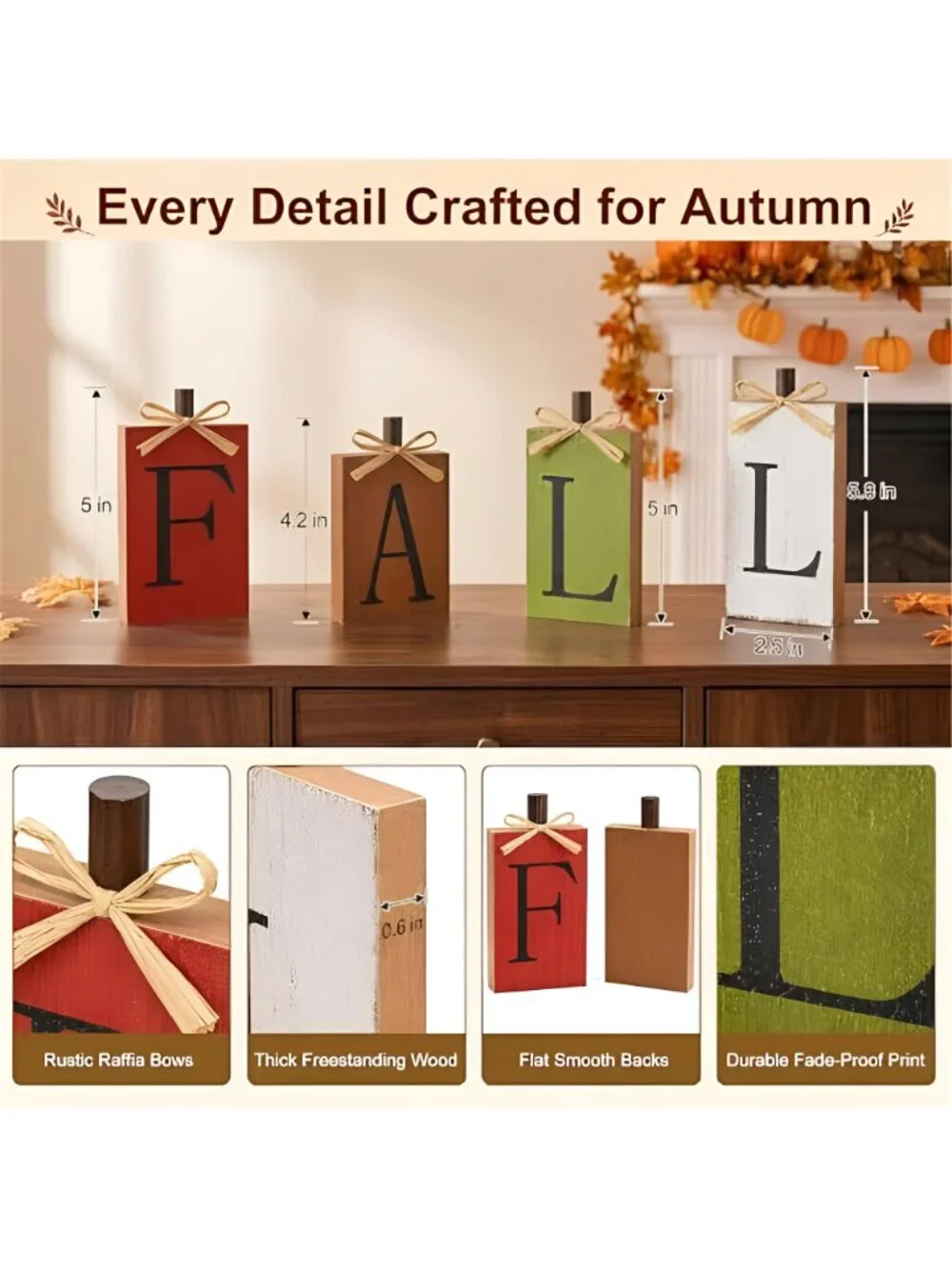 Fall Decorations for Home, Fall Decor - 4Pcs Vintage Wooden Autumn